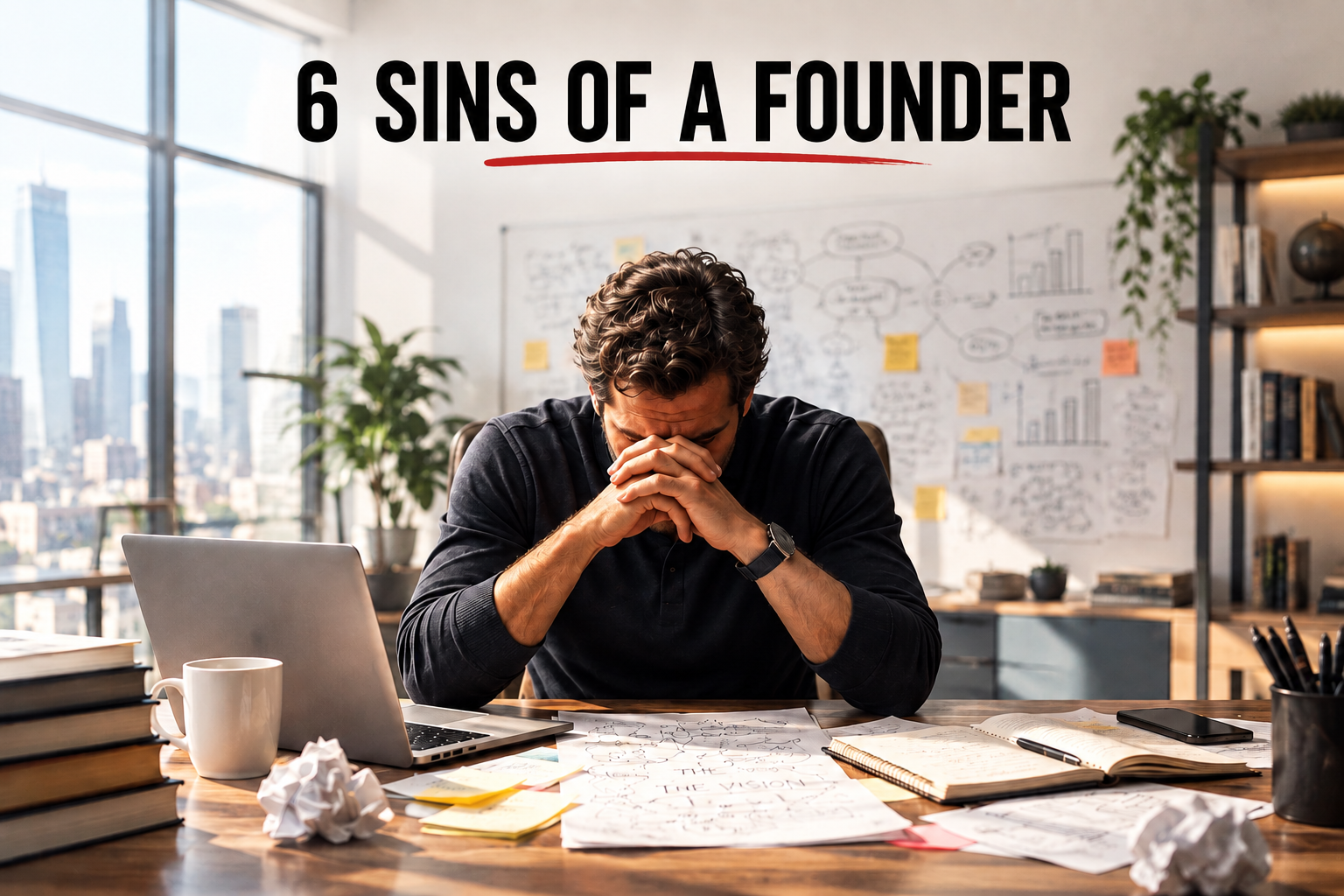 Founder at desk overwhelmed with papers and notes